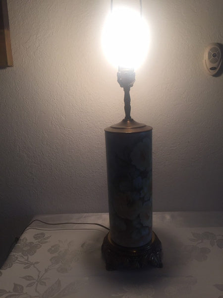 Vintage Hand Painted Roses Ceramic table lamp with brass base and accents - artist signed