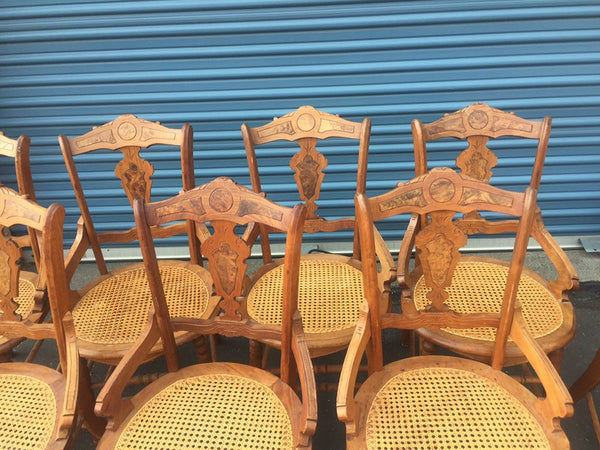 Set of 8 Antique Victorian Hip Rest Cane Seat Maple Chairs