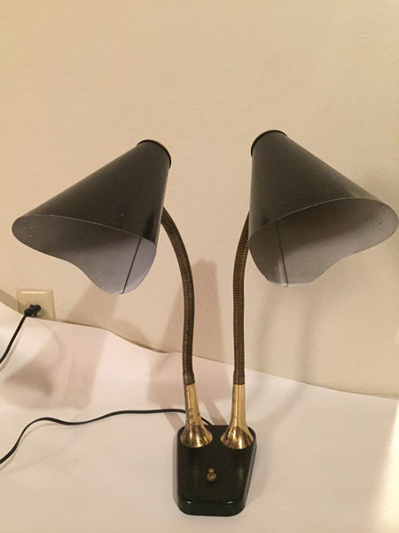 Vintage Double Black Enamel and Brass Gooseneck Desk lamp student desk lamp