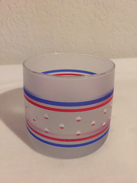 Set of 4 Mid Century Modern Bar glasses Nautical Sailboats Frosted heavy weight