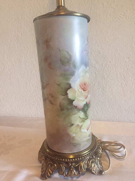 Vintage Hand Painted Roses Ceramic table lamp with brass base and accents - artist signed