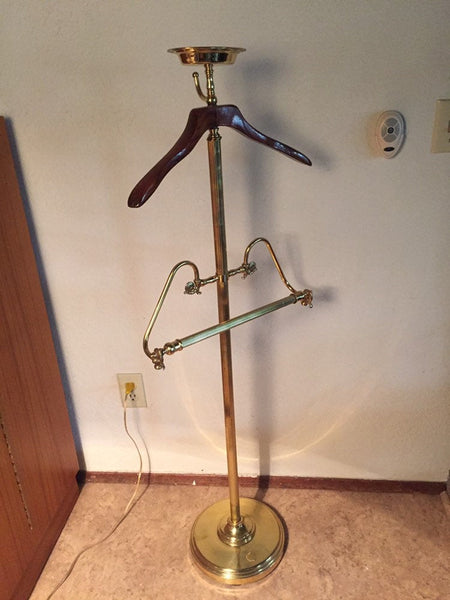 Vintage Brass Butler Valet with wood coat hanger, tie/ belt hook, pant hanger and change caddy catchall