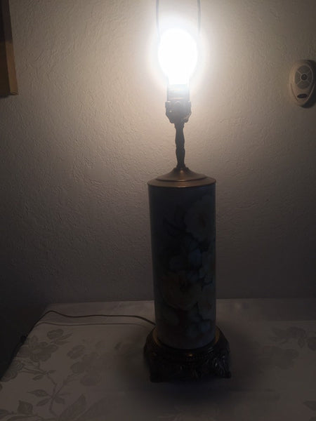 Vintage Hand Painted Roses Ceramic table lamp with brass base and accents - artist signed