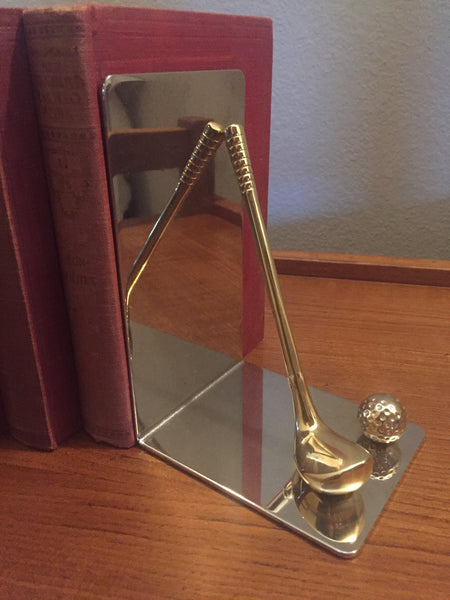Vintage Gold Club Bookends, Chrome and Brass Sports Bookends, Metal Golf Clubs Sports Decor