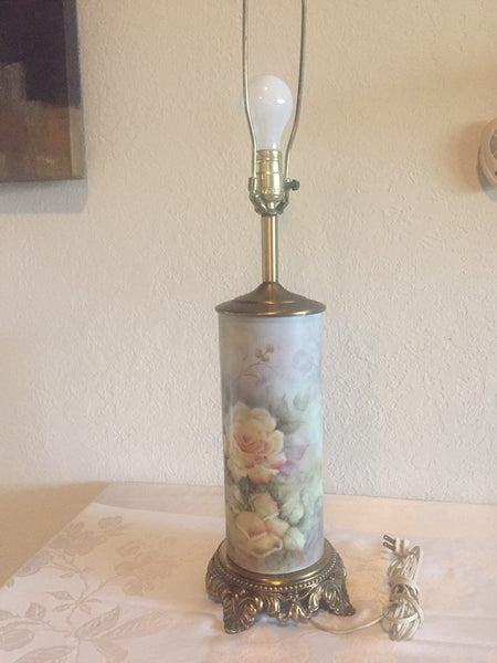Vintage Hand Painted Roses Ceramic table lamp with brass base and accents - artist signed