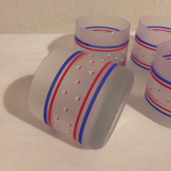 Set of 4 Mid Century Modern Bar glasses Nautical Sailboats Frosted heavy weight