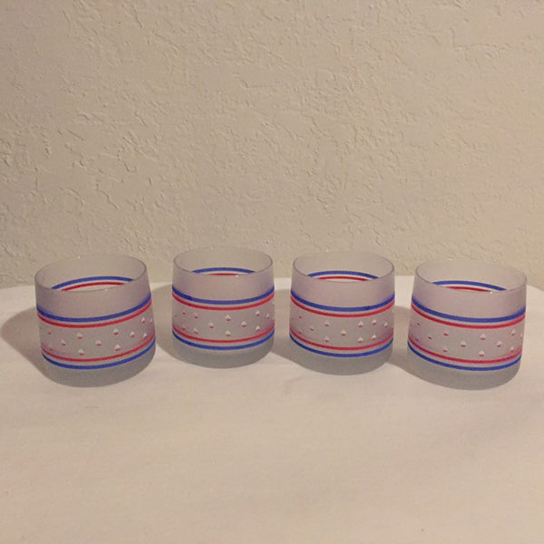 Set of 4 Mid Century Modern Bar glasses Nautical Sailboats Frosted heavy weight