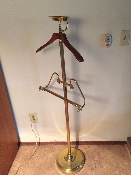 Vintage Brass Butler Valet with wood coat hanger, tie/ belt hook, pant hanger and change caddy catchall