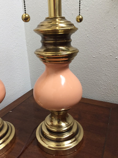 Pair of Vintage Stiffel Peach Ceramic and Brass Table Lamps with earring pull switch