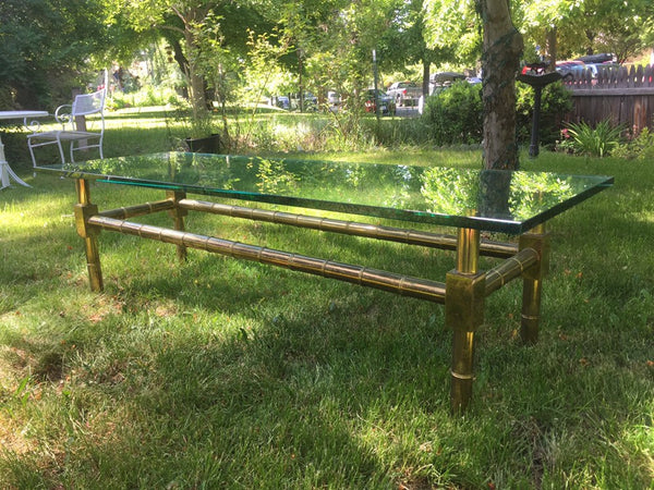 Brass Faux Bamboo Chinese Chippendale Coffee Table with 1/2" Thick Glass Table top