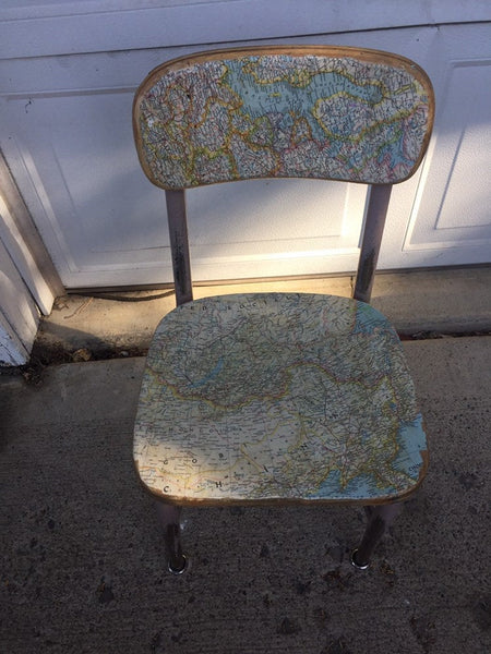 Set of 4 Mid-Century 1950's Child's School Chair Vintage School Chair Child Size Beige Metal/ Map Covered Wood Seat and Back
