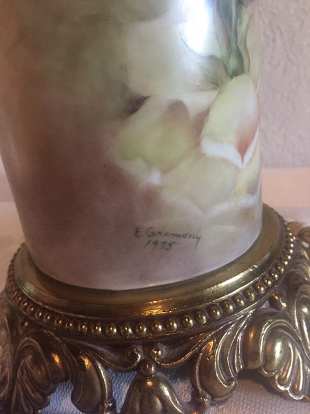 Vintage Hand Painted Roses Ceramic table lamp with brass base and accents - artist signed