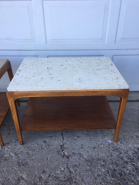 Mid Century Modern Lane Walnut and Travertine/Marble End Table Side Table