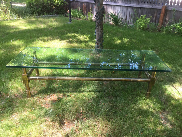 Brass Faux Bamboo Chinese Chippendale Coffee Table with 1/2" Thick Glass Table top