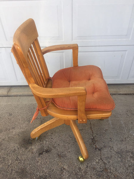 Solid Oak Vintage Office Executive Chair Antique Rolling Swivel Bankers Chair, Library Lawyer Casters