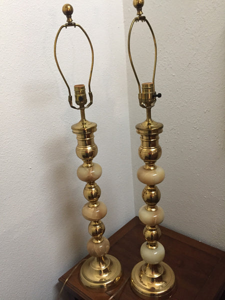 Pair of Vintage Brass and Onyx Marble Candlestick Table lamps