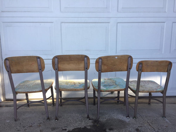 Set of 4 Mid-Century 1950's Child's School Chair Vintage School Chair Child Size Beige Metal/ Map Covered Wood Seat and Back