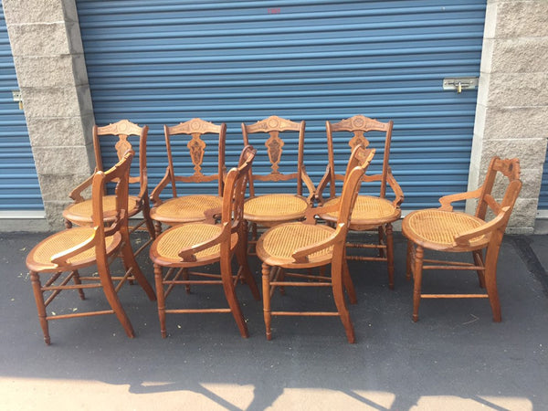 Set of 8 Antique Victorian Hip Rest Cane Seat Maple Chairs