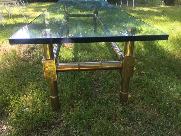 Brass Faux Bamboo Chinese Chippendale Coffee Table with 1/2" Thick Glass Table top