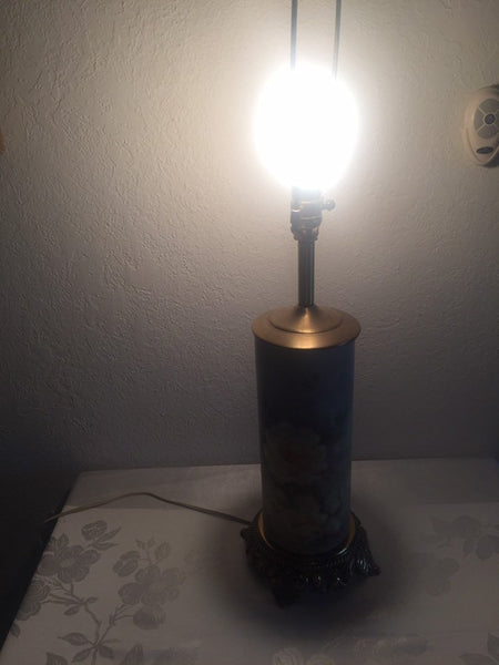 Vintage Hand Painted Roses Ceramic table lamp with brass base and accents - artist signed