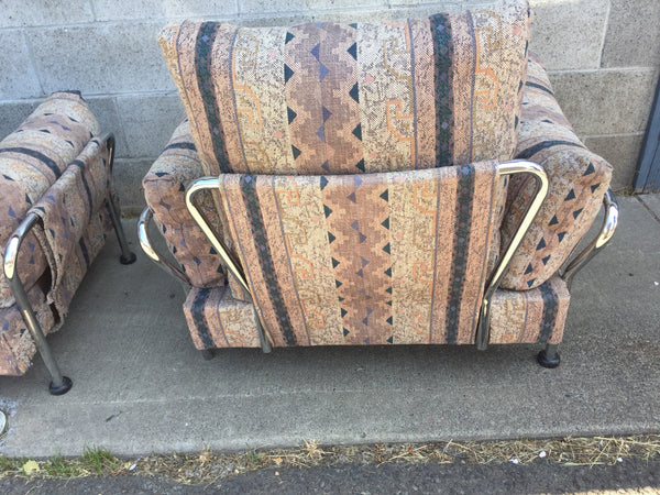 Mid Century Modern Tubular Chrome Sling-Back Loveseat and Chair Set with loose seat and back cushions