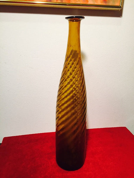 Vintage Hand Blown Murano Italian Empoli Over sized Italian Amber Tall Vase- 1960s or 70s Mod Ribbed