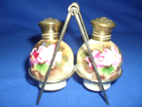 Antique Vintage Hand Painted Porcelain Salt and Pepper Shakers  with stand