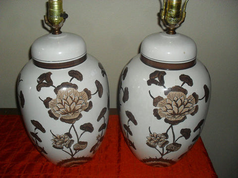 Pair Mid Century Antique Vintage Hand Painted Ginger Jar Lamps c1960's Hollywood Regency