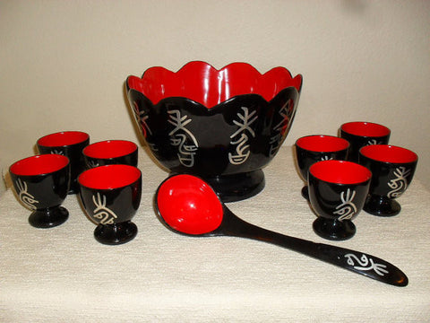 Vintage Japanese Black Lacquerware Bowl Set Hand Painted Cups/ Bowls- and Laddle Excellent condition