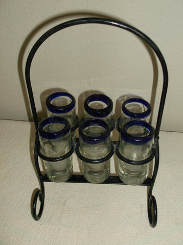 Set of 6 Vintage Hand Blown Shot Glasses with Cobalt Blue Rim and Black Iron Rack Holder