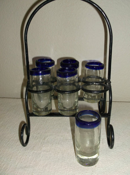 Set of 6 Vintage Hand Blown Shot Glasses with Cobalt Blue Rim and Black Iron Rack Holder