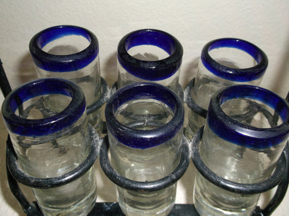 Set of 6 Vintage Hand Blown Shot Glasses with Cobalt Blue Rim and Black Iron Rack Holder