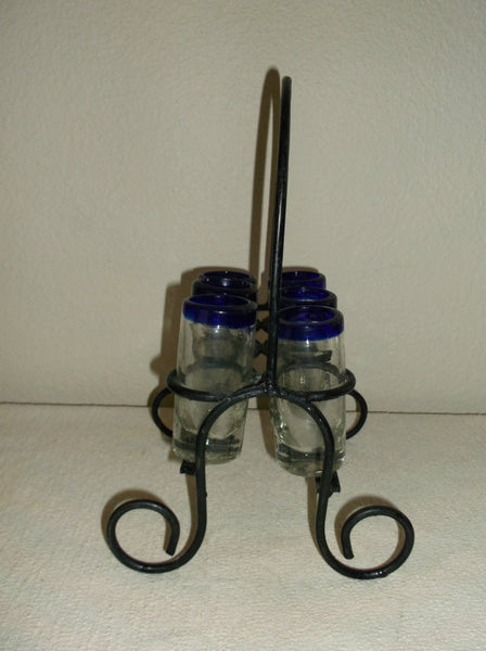 Set of 6 Vintage Hand Blown Shot Glasses with Cobalt Blue Rim and Black Iron Rack Holder