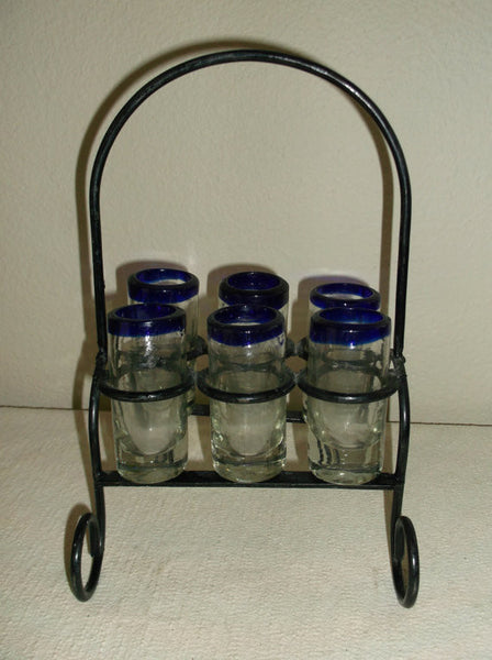 Set of 6 Vintage Hand Blown Shot Glasses with Cobalt Blue Rim and Black Iron Rack Holder