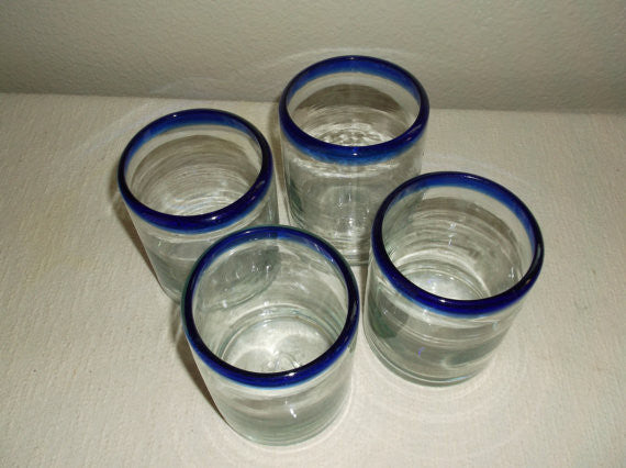 Set of 4 Vintage Hand Blown Drinking Glasses with Cobalt Blue Rim with pontil mark