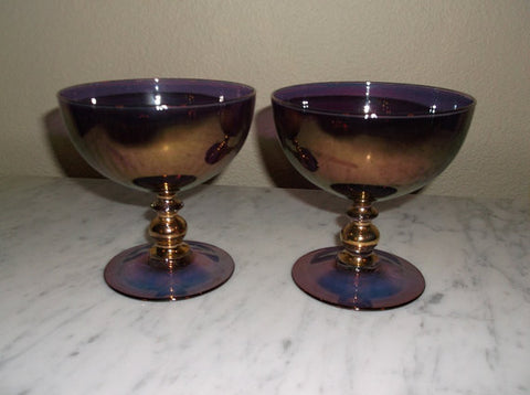 Vintage Hand Blown Amethyst Iridescent Glass compote dishes S/2