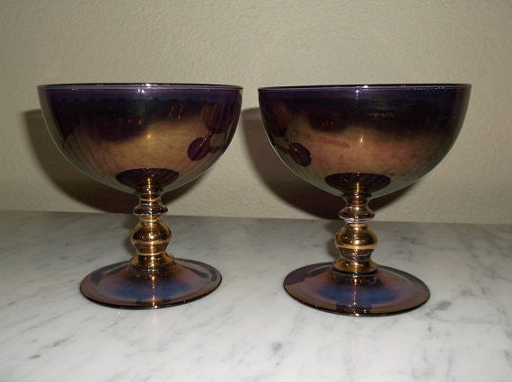 Vintage Hand Blown Amethyst Iridescent Glass compote dishes S/2