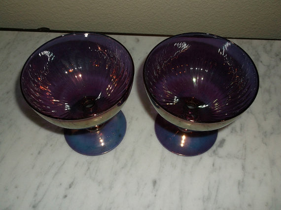 Vintage Hand Blown Amethyst Iridescent Glass compote dishes S/2