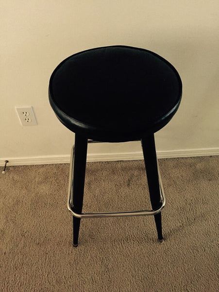 Vintage Mid Century Black Metal Barstool with Vinyl upholstery and Chrome footrest