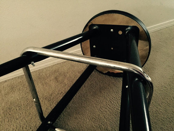 Vintage Mid Century Black Metal Barstool with Vinyl upholstery and Chrome footrest