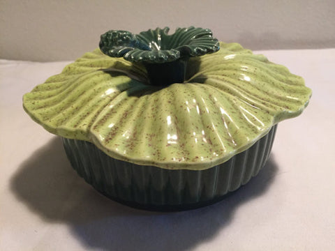 Vintage Mid Century California Pottery Green Hibiscus Flower Ceramic Serving Dish or Candy Dish