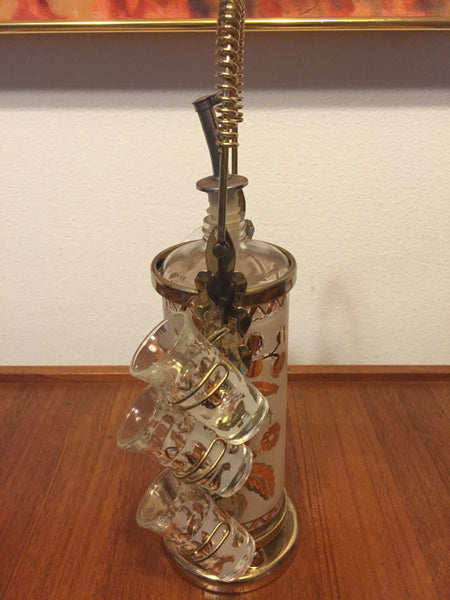 Vintage Modern Bar Decanter Set with 6 shot glasses with Gold Gilt leaves motif