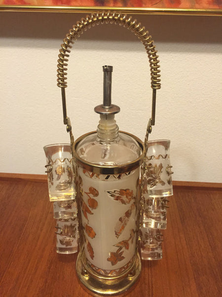 Vintage Modern Bar Decanter Set with 6 shot glasses with Gold Gilt leaves motif