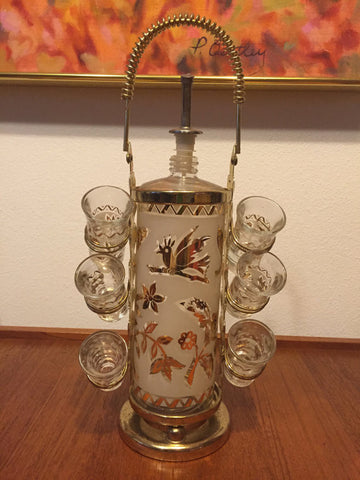 Vintage Modern Bar Decanter Set with 6 shot glasses with Gold Gilt leaves motif