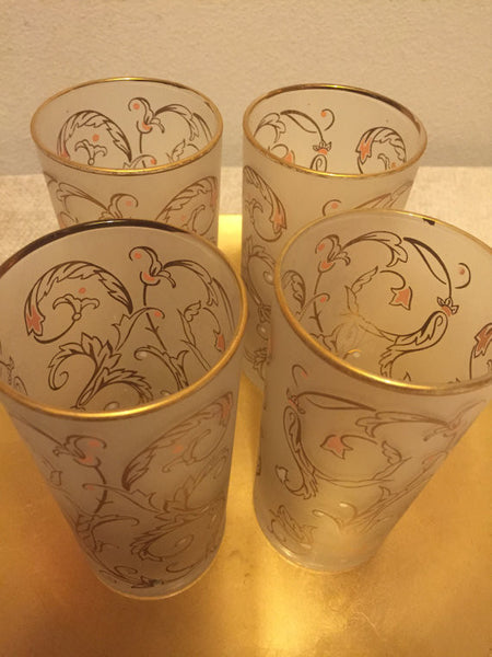 Vintage Libbey Frosted Highball Barware Drinking Glasses with Gold swirl motif and gold rims