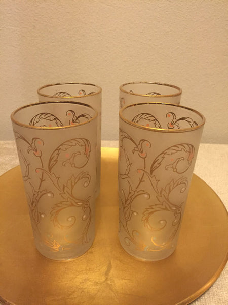 Vintage Libbey Frosted Highball Barware Drinking Glasses with Gold swirl motif and gold rims