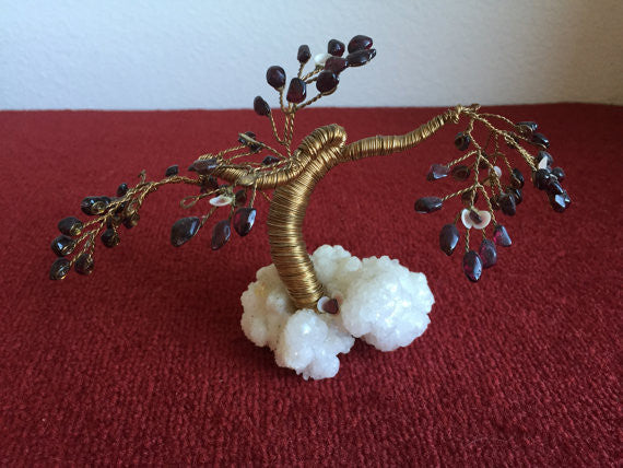 Mid Century Modern Brass Twisted Wire TREE SCULPTURE  with garnets