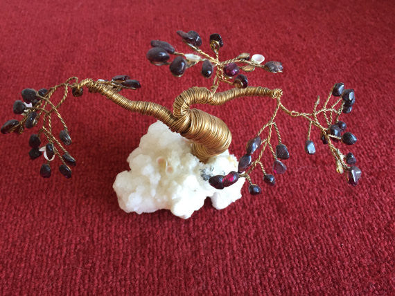 Mid Century Modern Brass Twisted Wire TREE SCULPTURE  with garnets