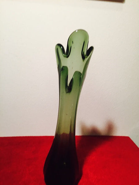 Mid Century Modern Viking Green Swung Stretch Art Glass Vase  16" Tall