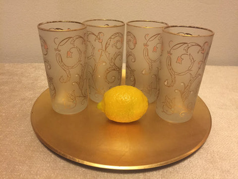 Vintage Libbey Frosted Highball Barware Drinking Glasses with Gold swirl motif and gold rims